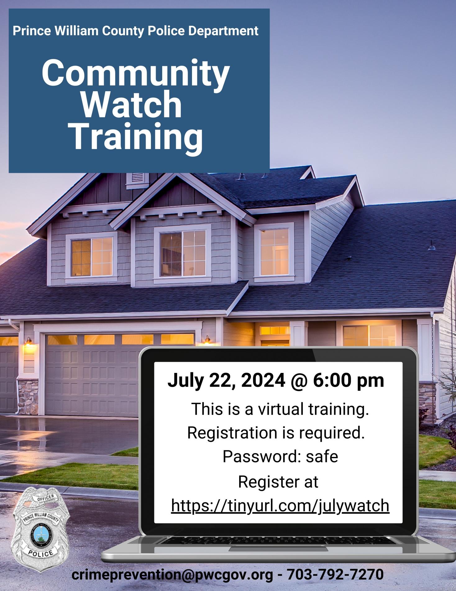 Flier about Community Watch presentation on July 22, 2024