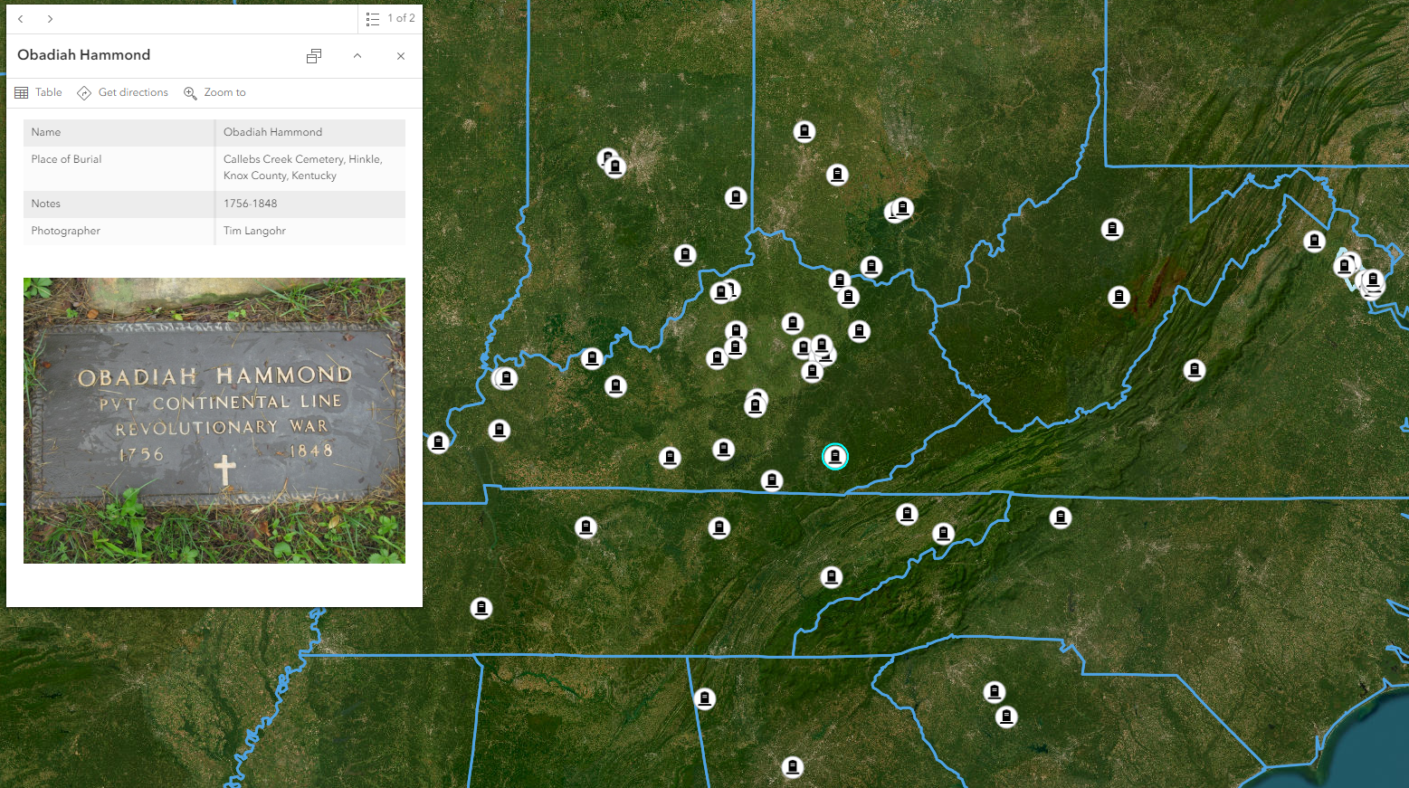 Map of eastern portion of United States with locations of veteran graves marked