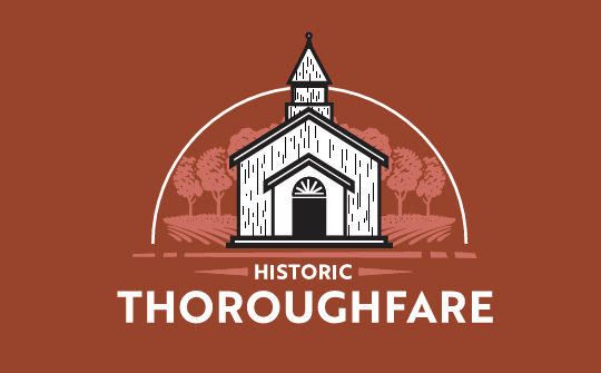 Drawn image of a white church on a reddish background with the words "Historic Thoroughfare" below