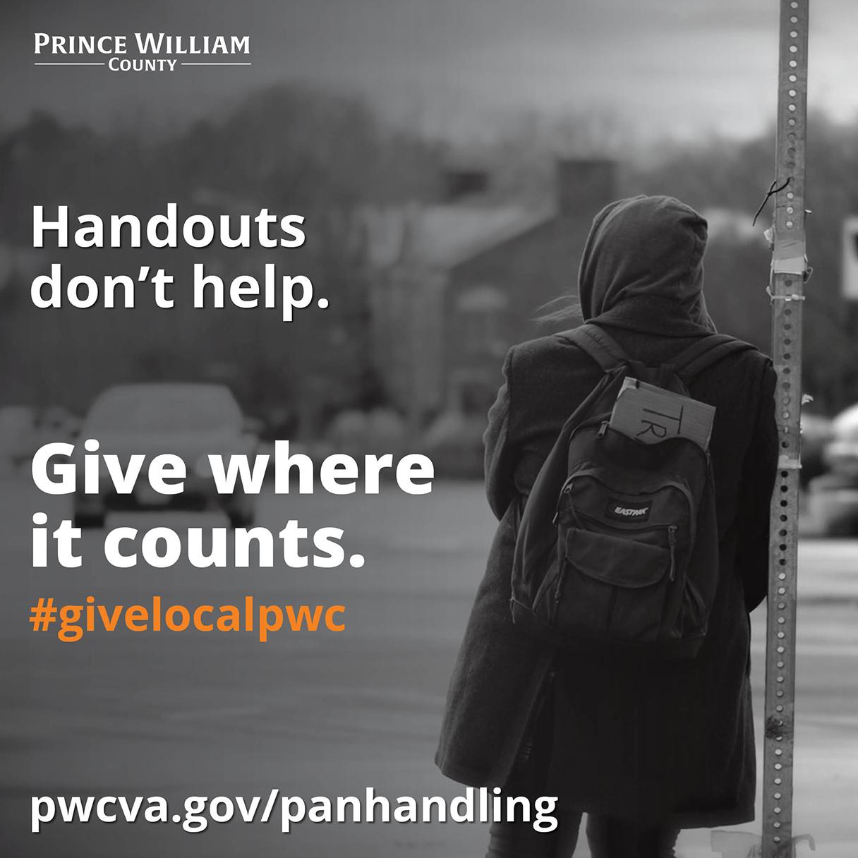 A picture of a homeless person with a caption that says "Handouts don't help. Give where it counts."