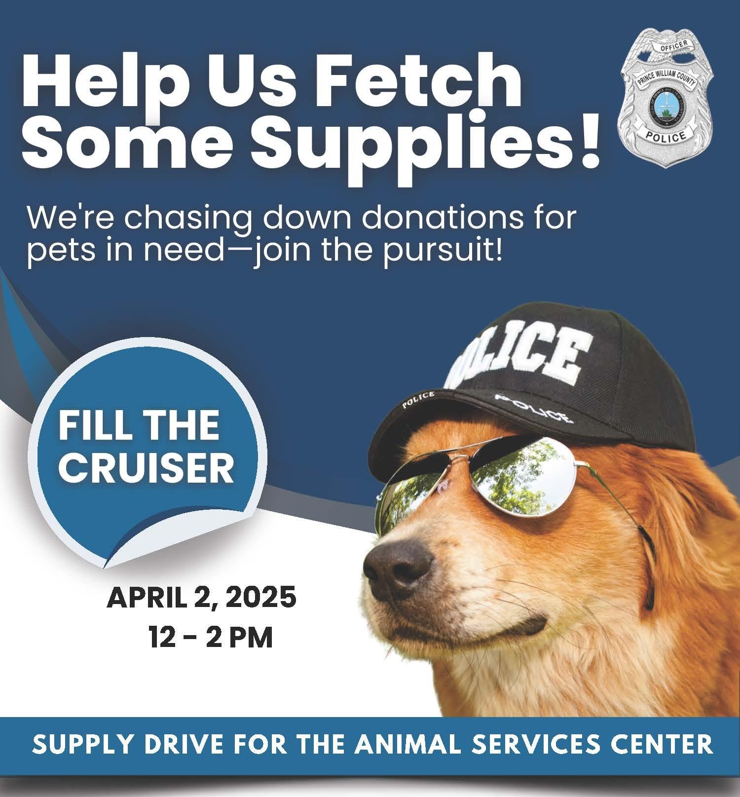 Image of dog in police hat for supply drive for PWC Animal Services Center on April 2, 2025